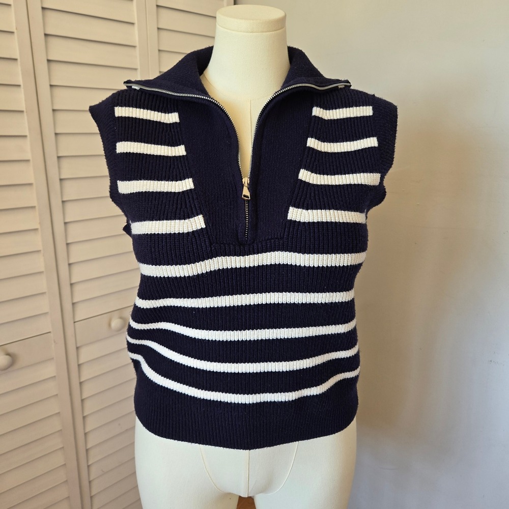 Rain Navy White Striped Rib Knit Half‎ Zip Sweater Vest Size L Preppy Coastal